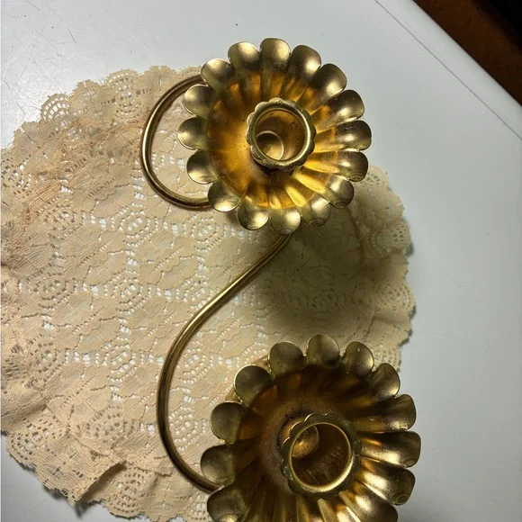 Vintage Metal Candlestick Holder Double Gold Tone Floral Tapered - Picture 2 of 5